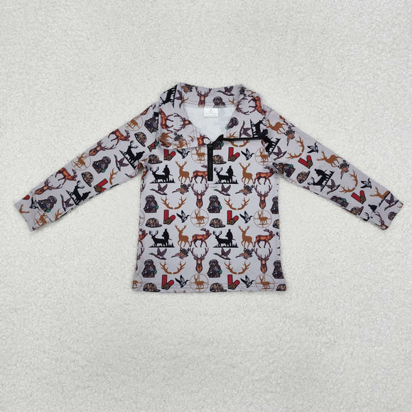 Deer Jungle Hunting Gray Polo Boys Long Sleeve Top