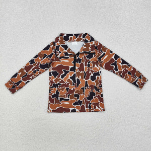 Camo Brown Beige Polo Boys Long Sleeve Top