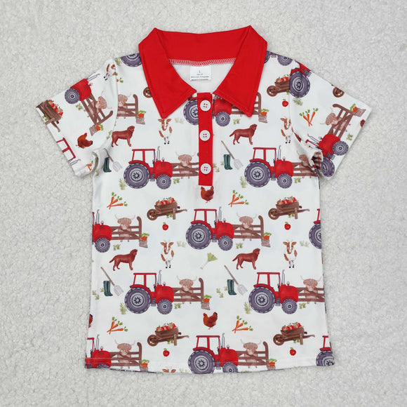 Farm Tractor Dog Red White Boys Short Sleeve Top