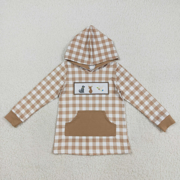 Dog Deer Fish Brown Plaid Pocket Boys Hoodie Top