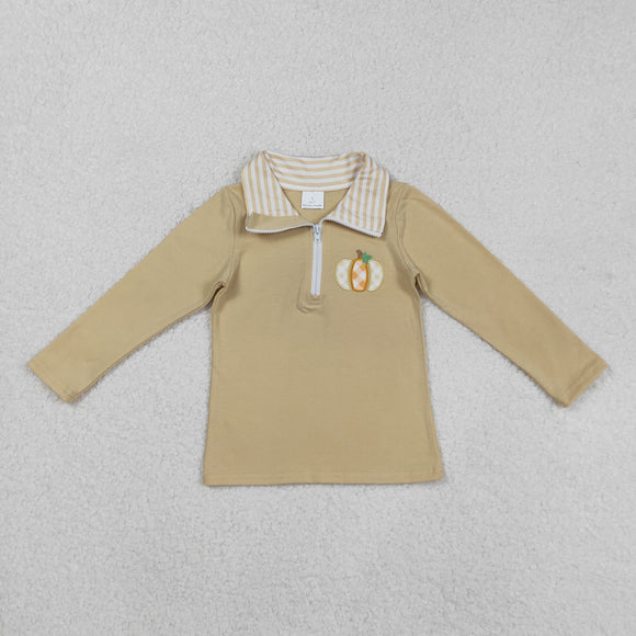 Bow Pumpkin Embroidery Brown Boys Long Sleeve Top
