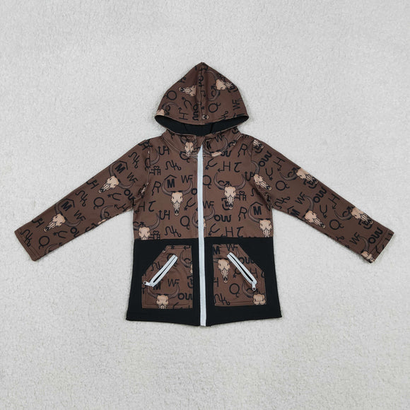 Highland Cow Black Brown Pocket Zipper Boys Hoodie Top
