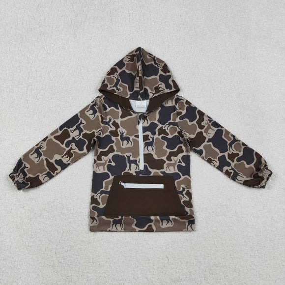 Deer Camo Brown Pocket Boys Hoodie Top