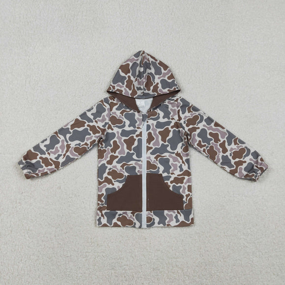 Green Brown Camo Pocket Zipper Boys Hoodie Top