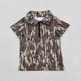 Army Green Camo Zipper Boys Short Sleeve Top