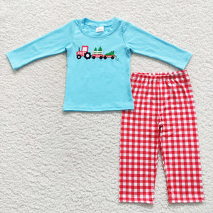 Tree Truck Red Plaid Blue Boys Christmas Outfits