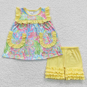 Floral Yellow Ruffles Pockets Girls Shorts Sets