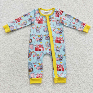 Cartoon Elephant Sky Blue Boys Fall Romper