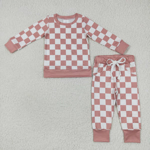 Promotional Pink White Plaid Boys Long Sleeve+Trousers Sets