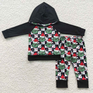 Cartoon Plaid Black Hoodie Boys Christmas Outfits