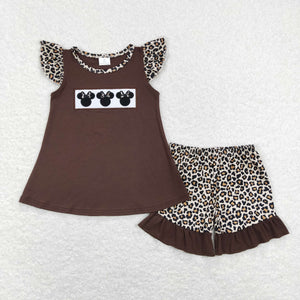 Cartoon Leopard Print Brown Girls Shorts Sets