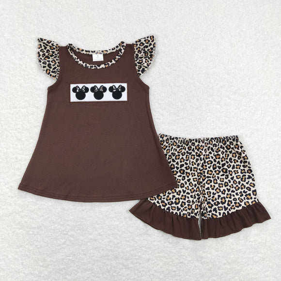 Cartoon Leopard Print Brown Girls Shorts Sets