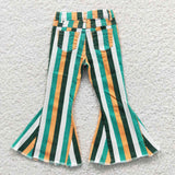 Orange Green Stripes Flared Girls Jeans Pants