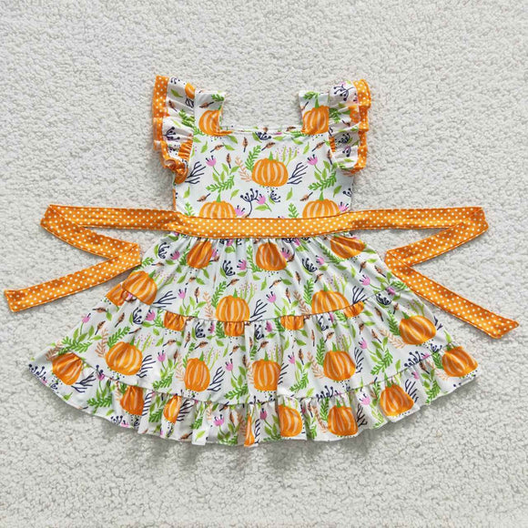 Promotional Pumpkin Orange Belt Girls Flutter Sleeve Dress