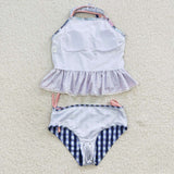 Floral Lace Ruffles Navy Plaid Girls Swimsuits