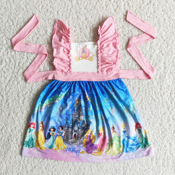 Promotional Cartoon Princess Belt Girls Flutter Sleeve Dress