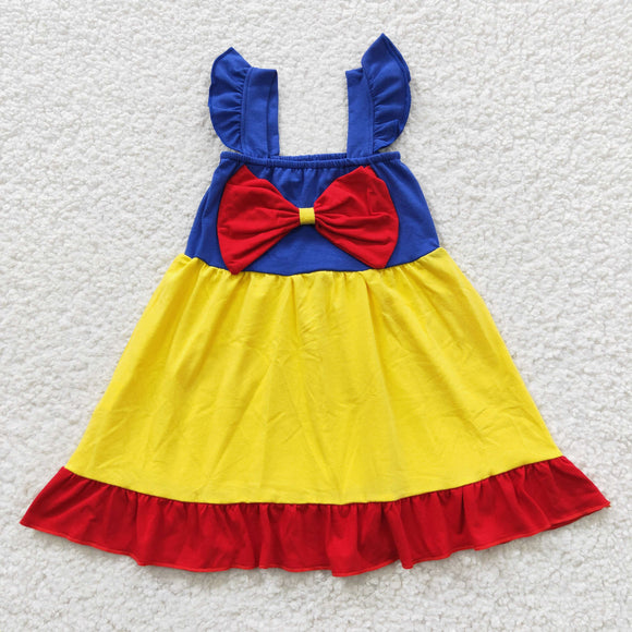 Cartoon Princess Bow Blue Yellow Red Girls Flutter Sleeve Dress