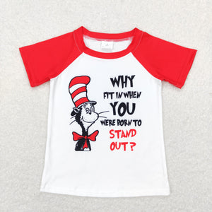 Cartoon Cats Letters Red White Boys Short Sleeve Top