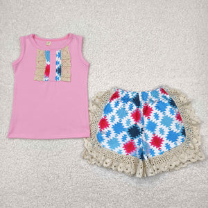 Promotional Aztec Lace Ruffles Pink Girls Shorts Sets
