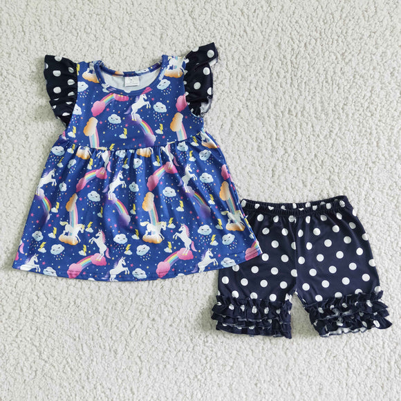 Promotional Unicorn Rainbow Blue Black Girls Shorts Sets