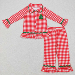 Tree Red White Plaid Ruffles Girls Christmas Pajamas