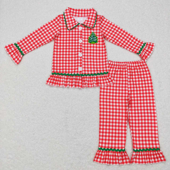 Tree Red White Plaid Ruffles Girls Christmas Pajamas