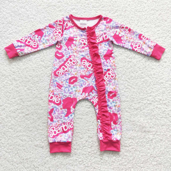 Cartoon Dolls Leopard Hot Pink Girls Fall Romper