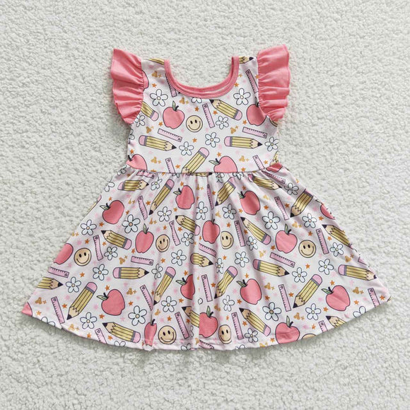 Floral Pencil Smile Pink Ruffles Girls Back to School Dress