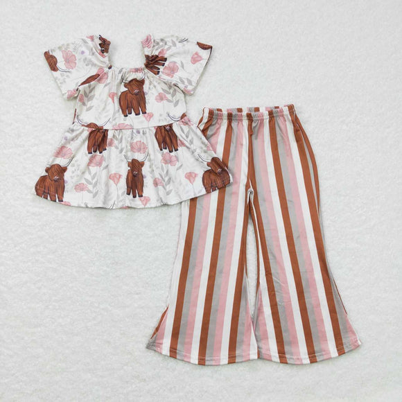 Cow Floral Pink Brown Stripe Girls Short Sleeve+Trousers Sets