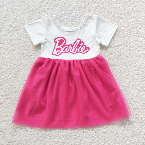 Cartoon Dolls Hot Pink Gauze Girls Short Sleeve Dress