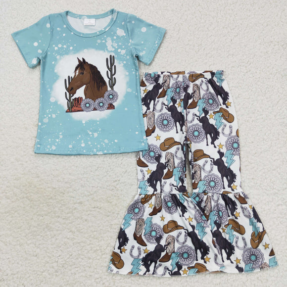 Gem Horse Blue Girls Short Sleeve+Trousers Sets