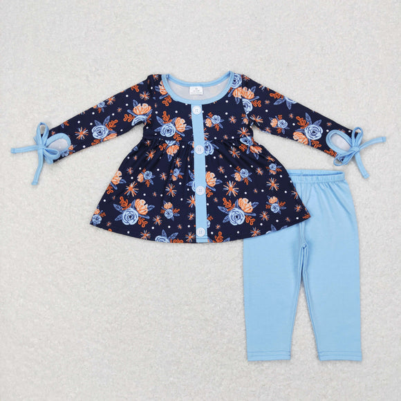 Floral Navy Blue Girls Long Sleeve+Trousers Sets