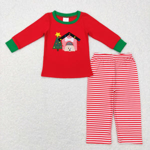 Tree Dog Stripe Red Boys Christmas Pajamas