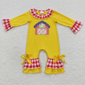 Farm Chicken Red Plaid Ruffles Yellow Girls Fall Romper