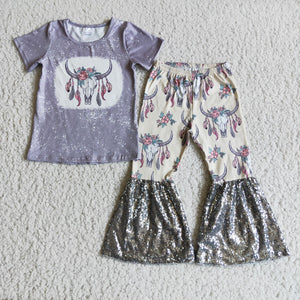 Promotional Highland Cow Sequin Girls Short Sleeve+Trousers Sets