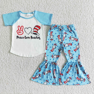 Promotional Cartoon Cats Reading Blue White Girls Short Sleeve+Trousers Sets