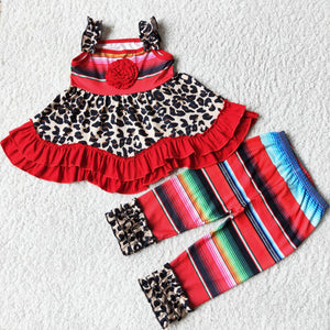 Promotional Red Ruffles Leopard Print Girls Short Sleeve+Trousers Sets