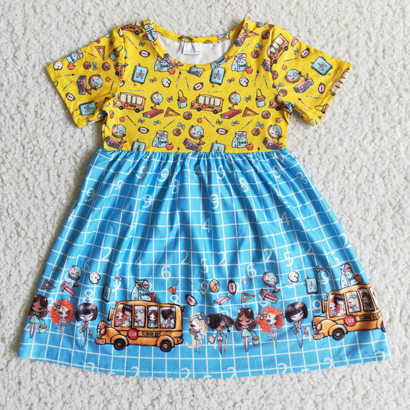 Bus Yellow Blue Girls Back to School Dress