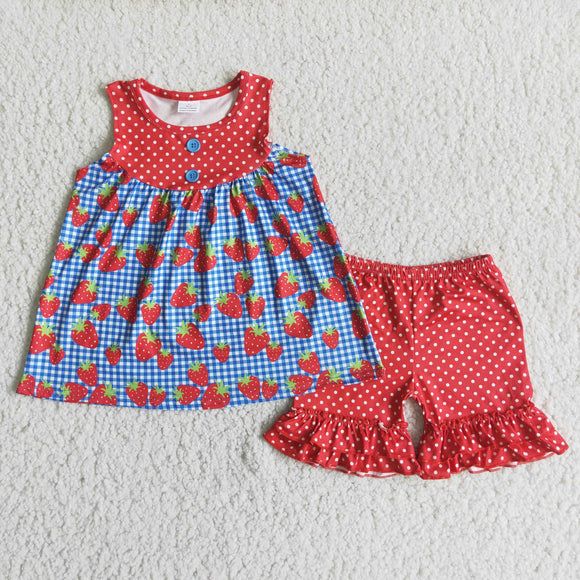 Promotional Strawberry Blue Plaid Red Girls Shorts Sets