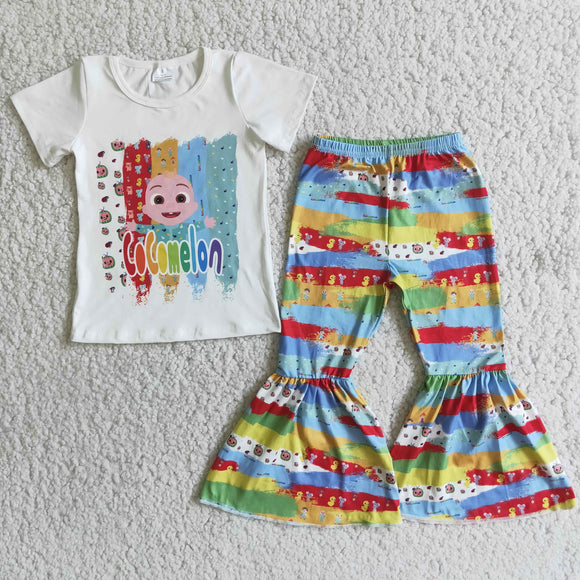 Promotional Cartoon Colorful Girls Short Sleeve+Trousers Sets