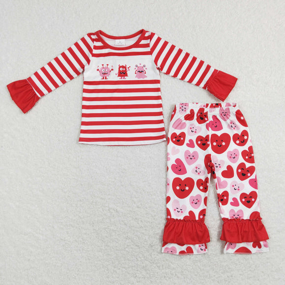 Cartoon Monster Heart Red Stripe Girls Valentines Pajamas