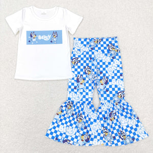 Cartoon Dogs Blue Plaid White Girls Short Sleeve+Trousers Sets