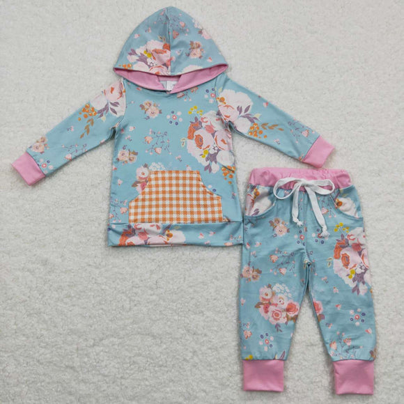 Floral Plaid Pocket Blue Pink Girls Fall Hoodie Sets