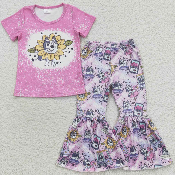 Cartoon Dogs Floral Hot Pink Girls Short Sleeve+Trousers Sets