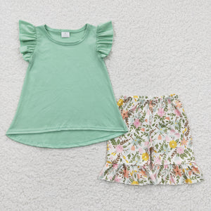 Floral Solid Mint Girls Shorts Sets