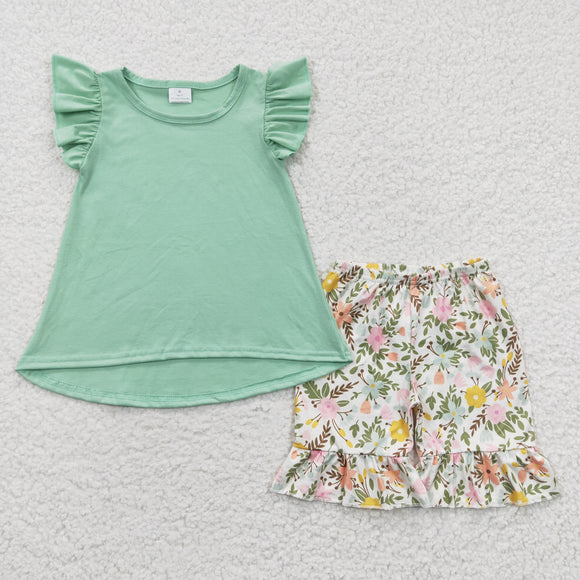 Floral Solid Mint Girls Shorts Sets