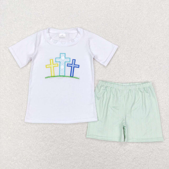 Cross Green Stripe White Boys Easter Outfits