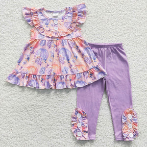 Pumpkin Pink Purple Girls Short Sleeve+Trousers Sets