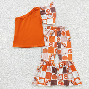 Pumpkin Smile Orange One Shoulder Girls Short Sleeve+Trousers Sets