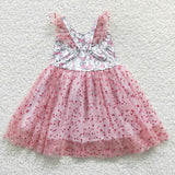 Cartoon Cat Pink Gauze Tulle Sequins Girls Flutter Sleeve Dress